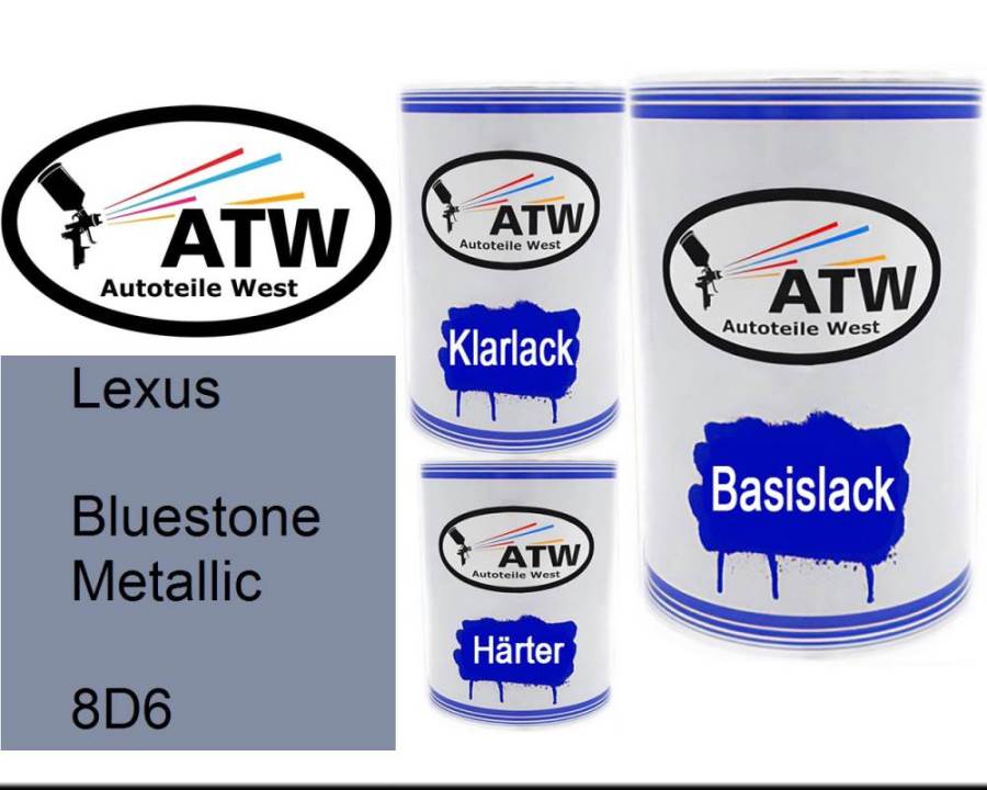 Lexus, Bluestone Metallic, 8D6: 500ml Lackdose + 500ml Klarlack + 250ml Härter - Set, von ATW Autoteile West.